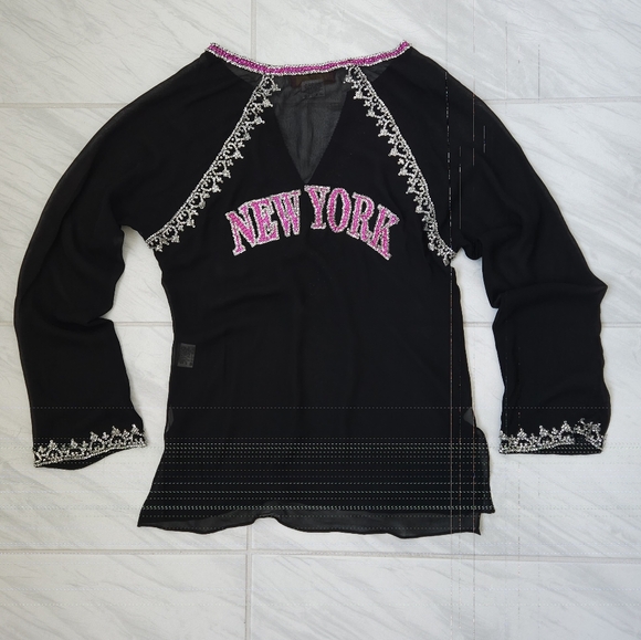 Monisha Jaising × Tabla Sheer Black Sequin New York Embellished Tunic Top - Picture 7 of 12
